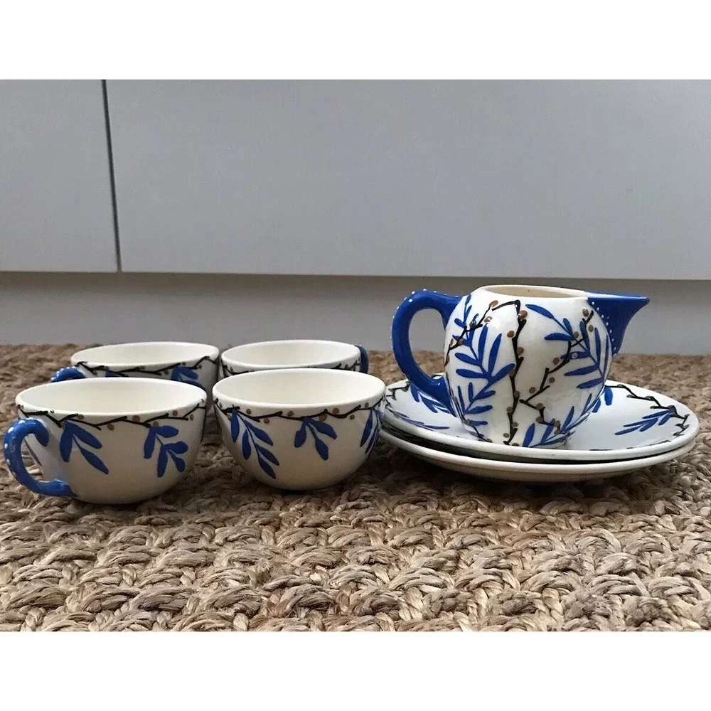 Vintage Hand Painted‎ Tea Set Blue White Creamer 4 Cups Saucers Floral Pottery
